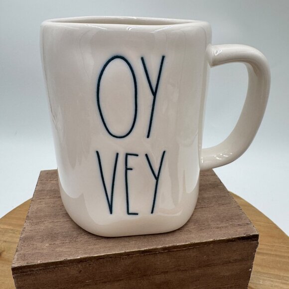 Rae Dunn “Oy Vey” Mug Yiddish Jewish Phrase White Blue Hanukkah gift present fun - Picture 1 of 6